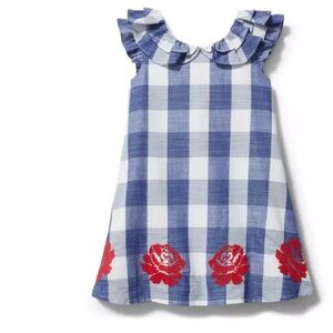 Janie and Jack Embroidery Floral Gingham Dress Size 7 Blue Red Sleeveless Ruffle